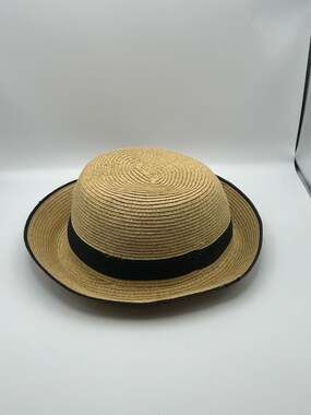 August Hat Company Woven Straw Bowler Hat with Black Ribbon and Gold Trim